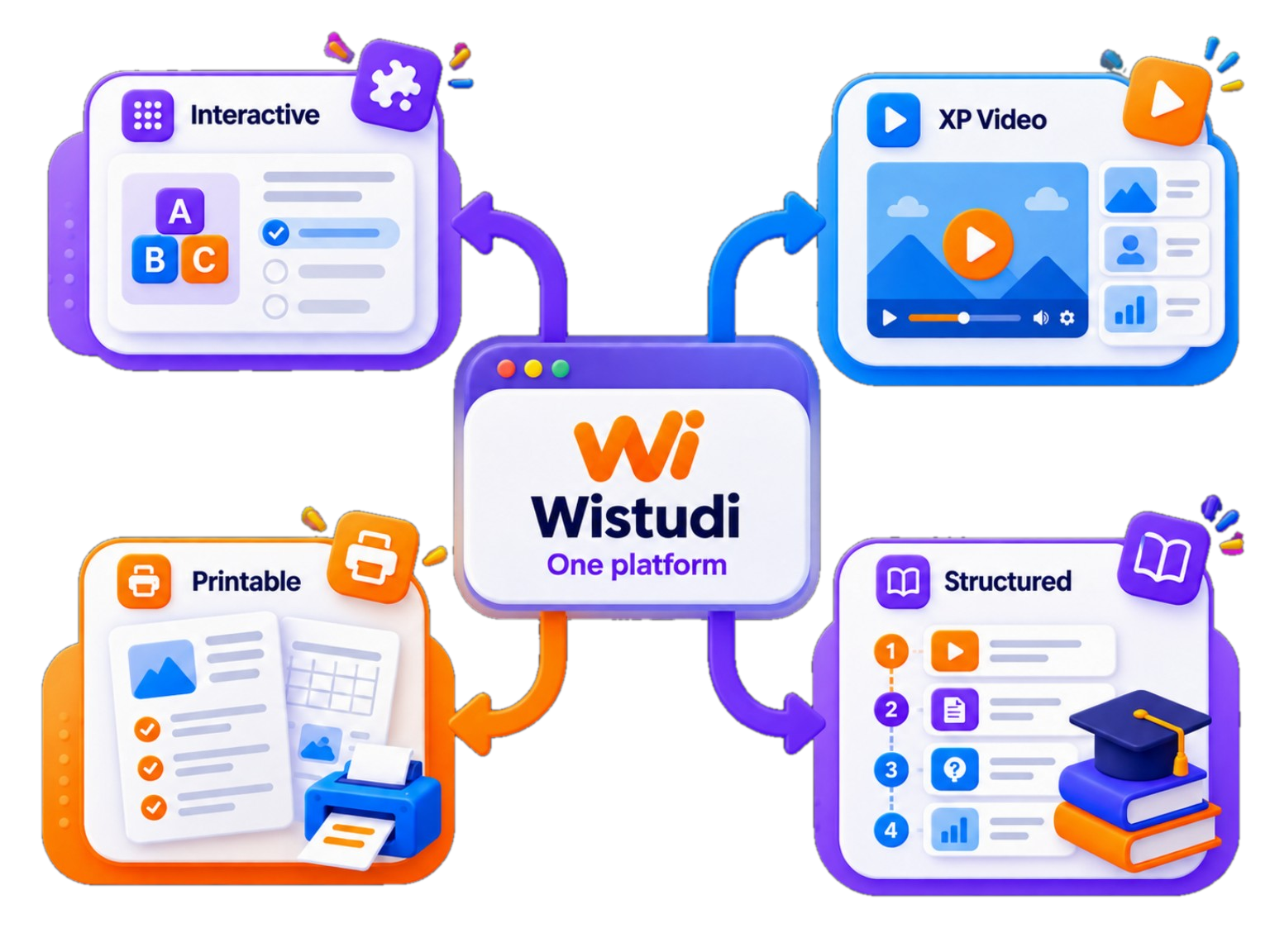 Wistudi one-platform diagram connecting Interactive, XP Video, Printable and Structured learning formats